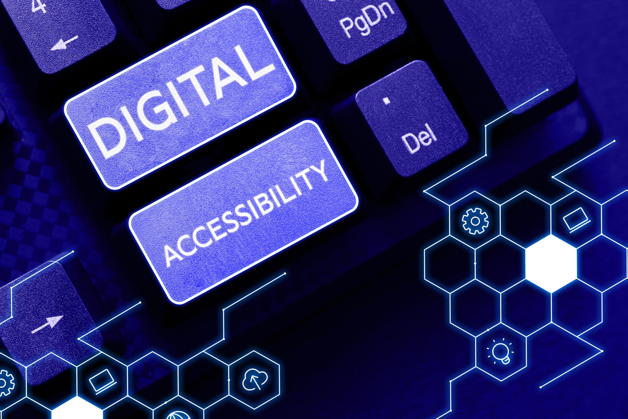 A blue screen with the words "Digital Accessibility" with hexagonal graphics.