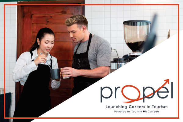 Two baristas in a coffee shop, with one training the other. In the bottom right is the logo for Propel.