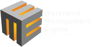 Workforce Management Engine powered by Tourism HR Canada. Logo in grey with orange shadows on the right artistically made with the letters W M E