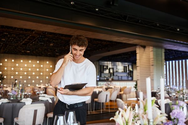 In a restaurant set up for a reception, an event planner smiles and checks a clipboard while speaking on the phone.